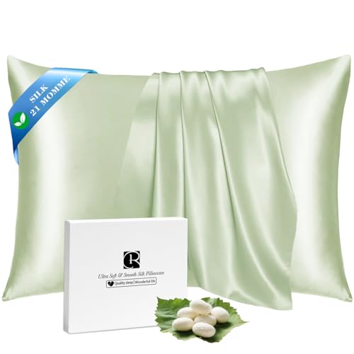 Ravmix Silk Pillow Cases with Zipper, 21momme Mulberry Silk Pillowcase for Hair Skin Health, Soft Smooth Breathable Cool Pillow Cover for Beauty Sleep with Gift Box 1PC(Standard 20"x26", Bean Green)
