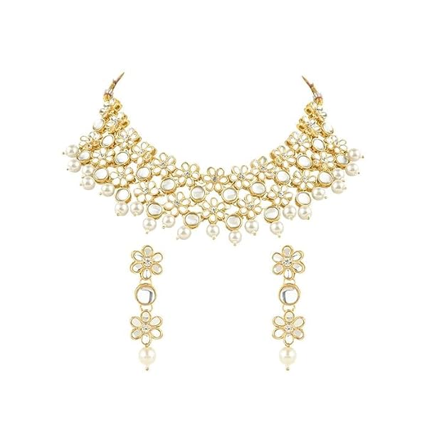 Fashion Women Gold Plated Traditional Kundan Studded Bridal Choker Necklace And Drop Earrings Jewellery Set For Women/Girls (K78) Colour White