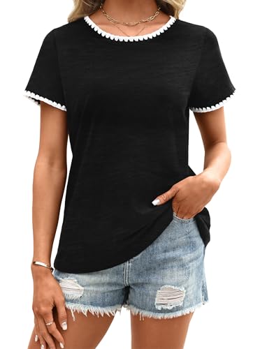 LilyCoco Womens Contrast Trim Ringer Tee Summer Basic Cotton Short Sleeve T Shirts Black Large