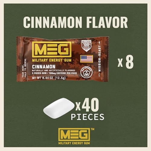 MEG - Military Energy Gum | 100mg of Caffeine Per Piece + Increase Energy + Boost Physical Performance + Cinnamon 8 Pack (40 Count)