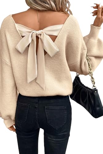 Womens Bow Back Sweater Sexy Off The Shoulder Pullover Sweaters Oversized Long Sleeve V Neck Knit Tops