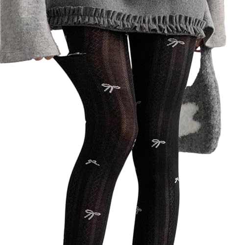 Wilgure Medias térmicas para mujer con estampado de lazo de cintura alta, tela elástica suave, mallas opacas para clima frío, Negro , Talla única