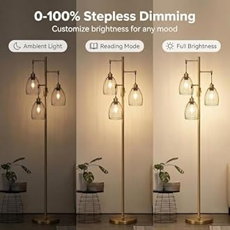 Dimmable Floor Lamp, Industrial Floor Lamps for Living Room, Antique Brass Tree Lamp Standing Lamp Tall Lamps with 3 Elegant Teardrop Cage Head & 800 Lumens LED Bulbs for Living Room Bedroom Office