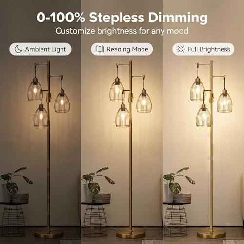 Dimmable Floor Lamp, Industrial Floor Lamps for Living Room, Antique Brass Tree Lamp Standing Lamp Tall Lamps with 3 Elegant Teardrop Cage Head & 800 Lumens LED Bulbs for Living Room Bedroom Office