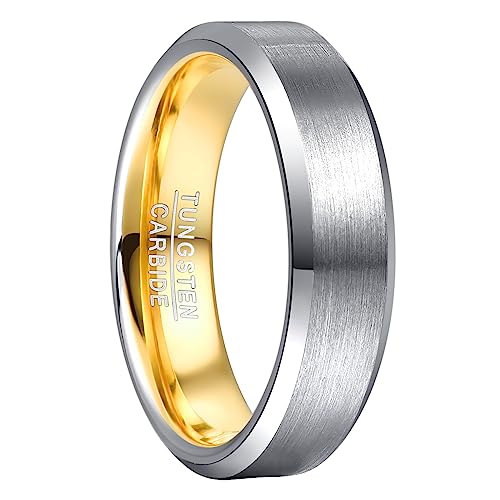 NUNCAD 6mm Anillos de Plata para Hombre Anillo de Oro de Tungsteno Alianza Bicolor con Bordes Biselados Talla 22