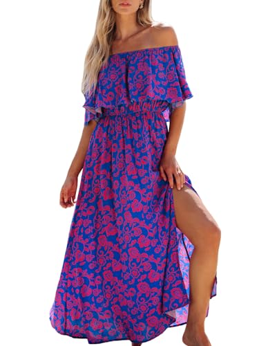 Image of CUPSHE Women Ruffle Floral Maxi Summer Dress Off Shoulder Short Sleeve Backless Flounce Bodice Slit Hem Beach Dresses