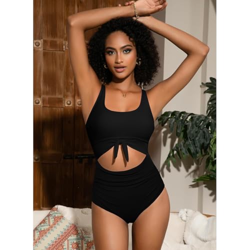 Women's Slimming Tummy Control Swimsuits Cutout Tie Knot One Piece Bathing Suit Padded Swimwear
