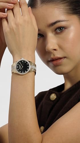 Image of Coach Brooks Qtz Basic Black Round Dial Unisex Watch|Ionic Plated Thin Gold Steel & Crystals Material|Gold Color Band - 14400035