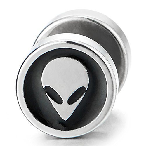 Aretes de acero para hombre y mujer, diseño de calavera de alienígena de 0.315 in, esmalte negro, Acero inoxidable, No es una piedra preciosa 2