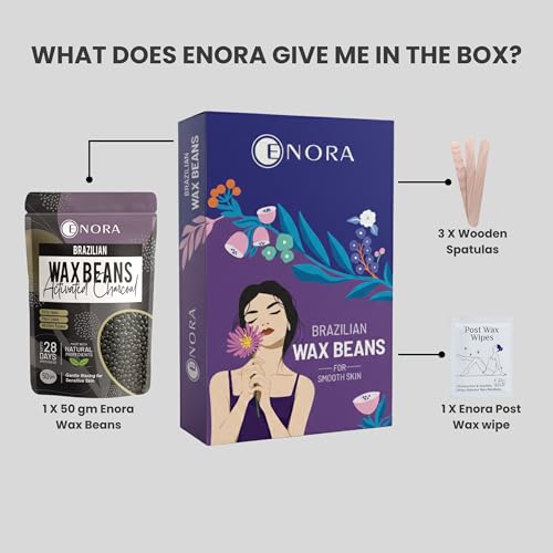 Image of ENORA Brazilian Stripless Wax Beans for Women (50g) | With Wooden Spatula | Natural | For Face, Chin, Hairline, Bikini Area & Full Body Hair Removal (50 Gram, Activated Charcoal)