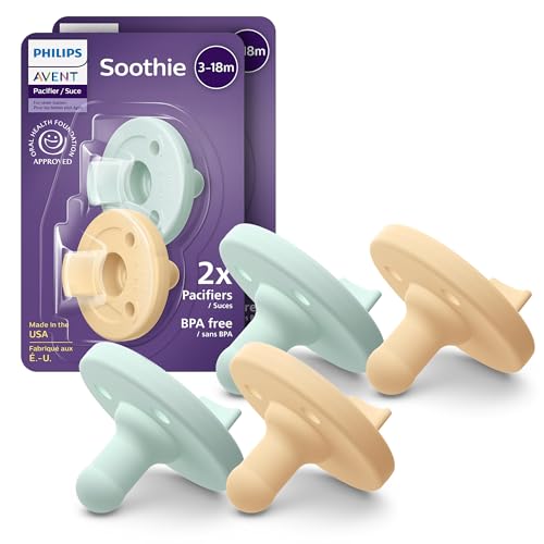 Image of Philips Avent Soothie Orthodontic Baby Pacifiers, 100% Silicone Pacifiers, One Piece, BPA-Free, for Babies 3-18 Months, 2 Green and 2 Yellow, 4 Pack, Model SCF192/72