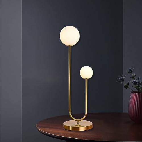 Mid Century Gold Globe Table Lamp Modern U-Shape 2-Light Desk Table Light with Milk White Glass Shade Metal Base Nightstand Lamp for Bedroom Bedside,G9 Bulb(Not Included)