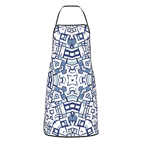 Beecodek Delantales de cocina, diseño de azulejos azules, sin costuras, con bolsillos, impermeable, ajustable, unisex