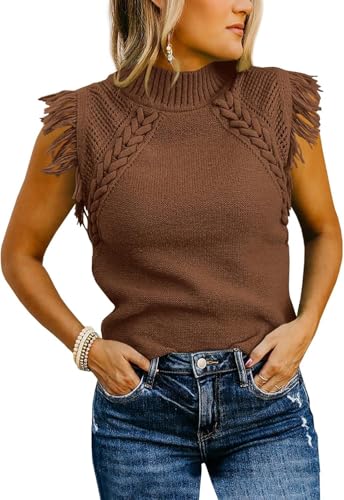 Image of Womens Summer Sleeveless Sweater Vest 2025 Mock Neck Cable Knit Fringe Cap Sleeve Boho Trendy Pullover Tank Tops