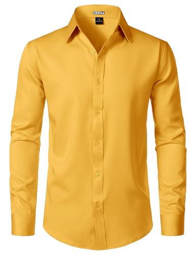 ZEROYAA Mens Wrinkle Free Long Sleeve Dress Shirt Business Casual Stretch Modern Slim Fit Button Down Shirts for Wedding and Office Gold Large