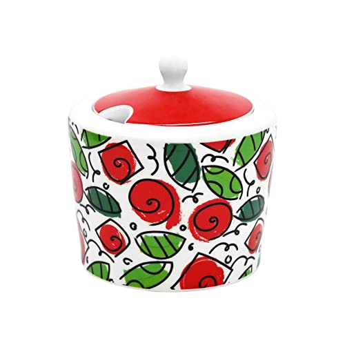 Britto Bone China Sugar Bowl with Lid, 10.4 oz, Roses, Floral Artwork Design - Coffee Bar Accessories, Seasoning Pot Box, Ceramic Salt Pepper Organizer, Farmhouse Kitchen Decor