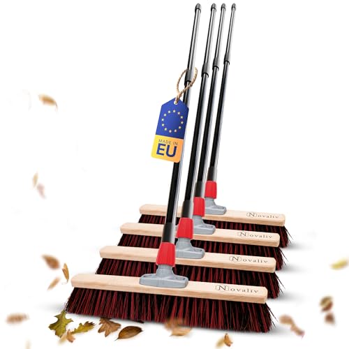 Novaliv 4X Straßenbesen 50 cm I mit Stiel I Arenga-Elaston schwarz-rot I Teleskopstiel I Besen für draußen I Industriebesen Gartenbesen Schneebesen Allzweckbesen