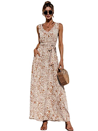 Robe longue d'été sans manches col en V | Robe bohème fleurie abricot taille XL