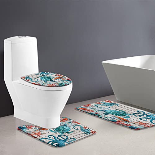 Sea Turtle Shower Curtain Nautical Octopus Seahorse Ocean Animal Kraken Tentacle Tropical Fish Starfish Coral Reef Marine Life Rustic Wooden Board Beach Coastal Decor Fabric Bathroom Curtain With Hook #TOP4