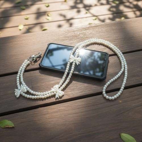 Image of KHOLAD White Bow Phone Chain Crossbody Pearl Strap | 2in1 Wrist & Shouler Crossbody Lanyard | Pearl Beads Charms Chain with Phone Tether Patches | Compatible with Most Phones, Bag, Purse