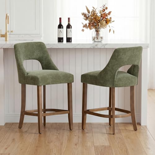 Image of UVV Bar Stools Set of 3, Upholstered Counter Height Bar Stools, Modern Counter Stools with Wood Legs for Kitchen Island Dining Room Bar, Green