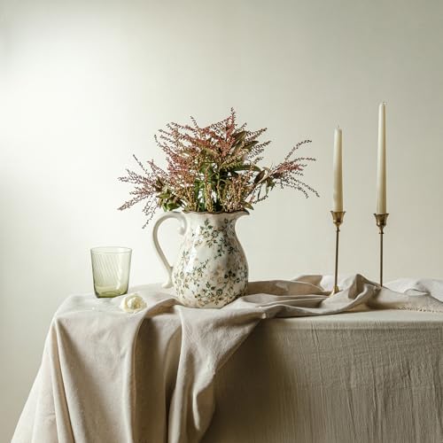 Green and White Vintage Vase with Handle, Chinoiserie Floral Pitcher Vase, Rustic Ceramic Farmhouse Vases for Home Decor, Living Room, Bookshelf, Office, Grand Millennial Decors, Tuscan Decor 7.9 Inch