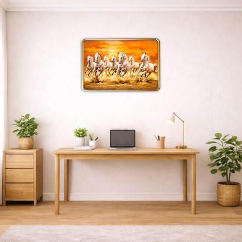 Image of XOPY Seven Running Horses with Golden Frame | Vastu 7 horses Raw Pyrite Painting for Home, Office & Living Room Wall Decore | 12X18 Inch Sparkle Laminated Frame | Best For Gifting (53303, 12X18)