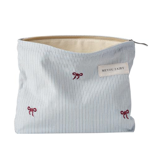 Striped Makeup Bag for Women, Blue Cosmetic Bag with Bow, Travel Toiletry Cosmetic Bag with Zipper, Cute Women Aesthetic Organizer Storage Pouch, Girls Handbags Purses (04 Thin Stripe)