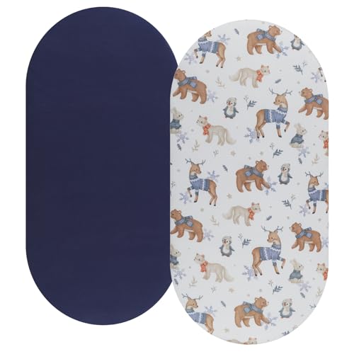 Image of Bassinet Sheet Set 2 Pack Snug Fitted Cradle Fitted Sheets, Stretchy Ultra Soft, for Oval Rectangle Hourglass Bassinet Mattress, Unisex Boy Girl, Dark Blue & Bear Deer