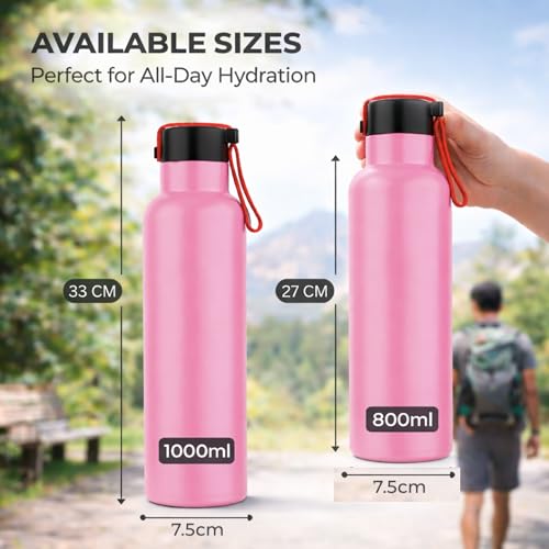 Image of GRECY Trim 1 Litre Stainless Steel Water Bottle for Office, Gym & School | Lightweight Leak Proof Fridge Bottle with Carry Loop | BPA Free, Rust Proof, Odour Free | Pink | 1000ml
