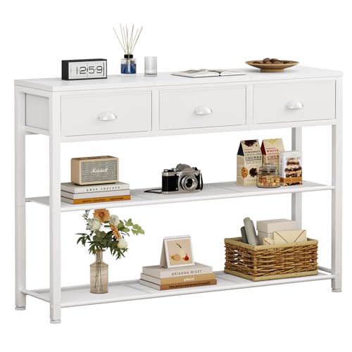 Furologee White Entryway Table, 38” Console Sofa Table with 3 Fabric Drawers, Industrial Entry Way Table with Storage Shelves, Display Shelf for Living Room, Hallway, Entrance, Foyer