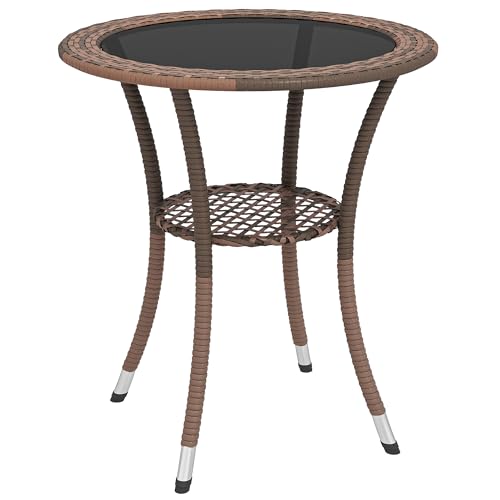 Outsunny Mesa de Ratán Redonda Ø64x71 cm Mesa de Jardín con Estante Marco de Acero y Tablero de Vidrio Carga 50 kg para Terraza Patio Marrón