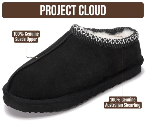 Image of Project Cloud Mens Slippers Genuine Leather Australian Shearling Slippers | Memory Foam Insole Non Slip Fuzzy Shoes Indoor Outdoor Warm Cozy Footwear Everyday Comfort Soft Lining Cushioned Sole Easy On