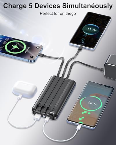 Power Bank 20000mAh met 4 Ingebouwde Kabels, 22,5 W Powerbank Snellaadfunctie en LED Display voor Op reis en kamperen Draagbare Oplader USB C Powerbank met Zaklamp voor iPhone 17 16 15 14/iPad/Samsung - Afbeelding 5
