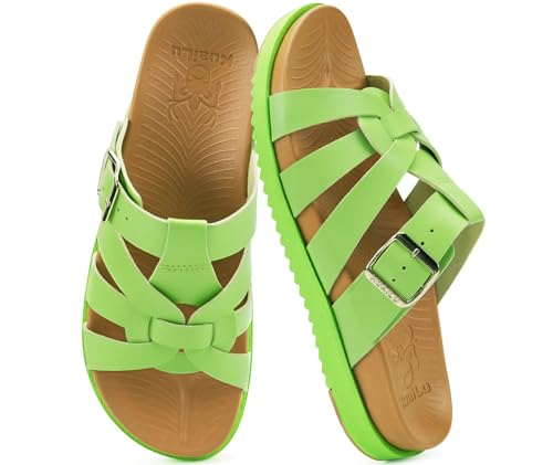Image of KuaiLu Gladiator Sandals for Women with Comfortable Arch Support Summer Beach Walking Fisherman Slides Boho Outfits Flats Slip on Cushion Shoes Indoor Outdoor