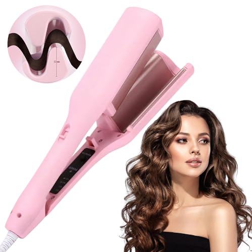 HOVCEH Big Wave Hair Curler, 32mm Waver Hair Curler, Big Wave Hair Curler Iron Wand, French Egg Roll Curling Iron, V Shaped Hair Curling Iron 160°C and 220°C, Immediate Waves, Pink