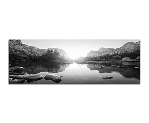 Paul Sinus Art Leinwandfoto als Panorama SCHWARZ/Weiss 120x40cm Yosemite Berge Wald Fluss Sonnenaufgang