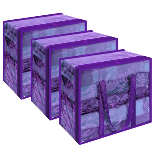 Vieshful 3 Pack Clear Storage Bags Clothes Storage Bags with Zips 40L Transparent Underbed Storage for Clothing Blankets