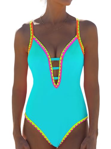 Image of popvil Women One Piece Swimsuit Deep V Neck Neon Cute Bathing Suit | Neon Contrast Trim, Adjustable Straps, Cutout, Soft Stretch Fabric, Back Tie, Quick-drying, Beach, pool, cruise vacation