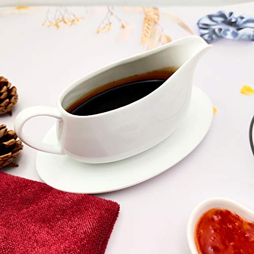 Gravy Boat with Ceramic Tray, 1 PC 8 oz Easy Pour White Gravy Boat with Saucer Stand for Salad Dressings, Milk,Broth, Creamer and More/ Microwave & Dishwasher Safe