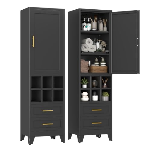Image of 67 inch Tall Metal Storage Cabinet, Narrow Cabinet with 1 Door and 2 Drawers