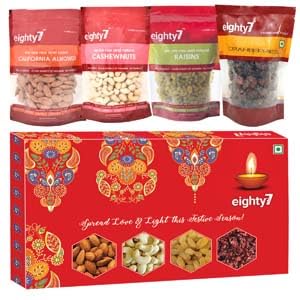 Eighty7 Gold Premium Dry Fruits Diwali Gift Box 600g | California Almonds, Cashews, Raisins & Dried Cranberries | Healthy Gourmet Snacks Gift Pack 1
