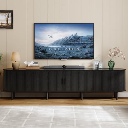 Image of ONBRILL 94.5 inch TV Stand with Power Outlet for TVs up to 102 Inch, Entertainment Center with Storage and Adjustable Shelves, Modern Media Console with Sliding Doors for Living Room, Black