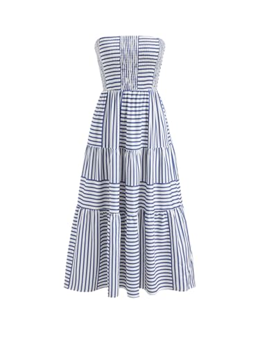 Image of CIDER Women's Strapless Dress with Pockets Tube Striped Long Midi Dresses A Line Beach Vacation Casual Summer Outfits