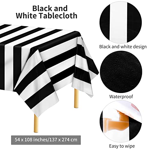Adxco 176 Pieces Black And White Disposable Dinnerware Set Paper Party Supplies Tableware Set Include Striped Plates And Napkins Cups Plastic Tablecloth Knives Forks And Spoons Serves 25 Guests #TOP2