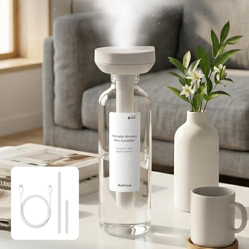 HubiCare Mini Humidifier Portable Wireless Humidifier for Travel USB-C Rechargeable Personal Mist Maker with Adjustable Length Quiet 28dB Leak-Resistant Design for Car Bedroom Office