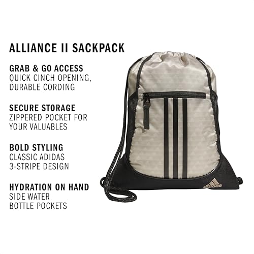 Image of adidas Alliance Sackpack DISCONTINUED, Bos Mini Monogram Wonder Beige /Black, One Size, Alliance Sackpack (12l) Lightweight Athletic Small Drawstring Team Sports Workout Bag Discontinued