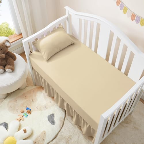 Image of Horbaunal 2 Pack Set Crib Skirt & Crib Bed Sheet, Khaki Crib Bed Skirt 28 inch x 52 inch with 14 inch Drop Dust Ruffle, Soft Microfiber Toddler Bedskirt Nursery Bedding Skirt for Baby Girls and Boys