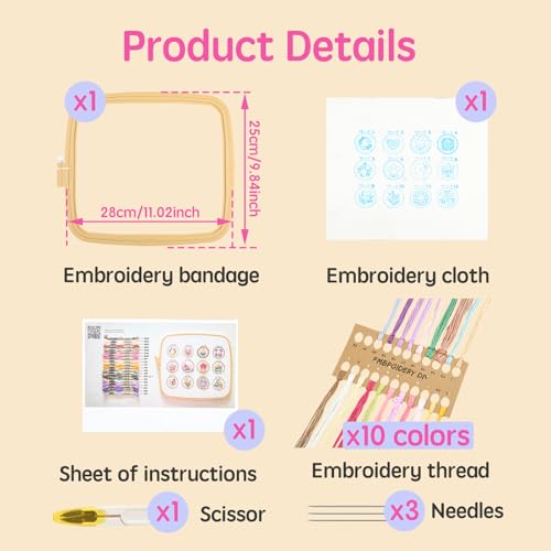 Image of PTMTFYL Small Flower Frame Embroidery Kit - Learn 12 Different Stitches DIY Hand Floral Embroidery Starter Kit with Pattern and Instructions