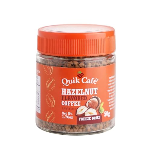 Image of QuikCafe Premium Instant Coffee, Natural Hazelnut Flavor - 1.76 oz (50g) Freeze Dried Arabica beans for Maximum flavor Delivery and Easy Solubility, All-Natural, Preservative-Free - Just Add Hot Water